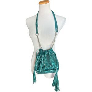 Womens Ion Turquoise Sequins Crossbody Chain Strap Cinch Tassel Purse